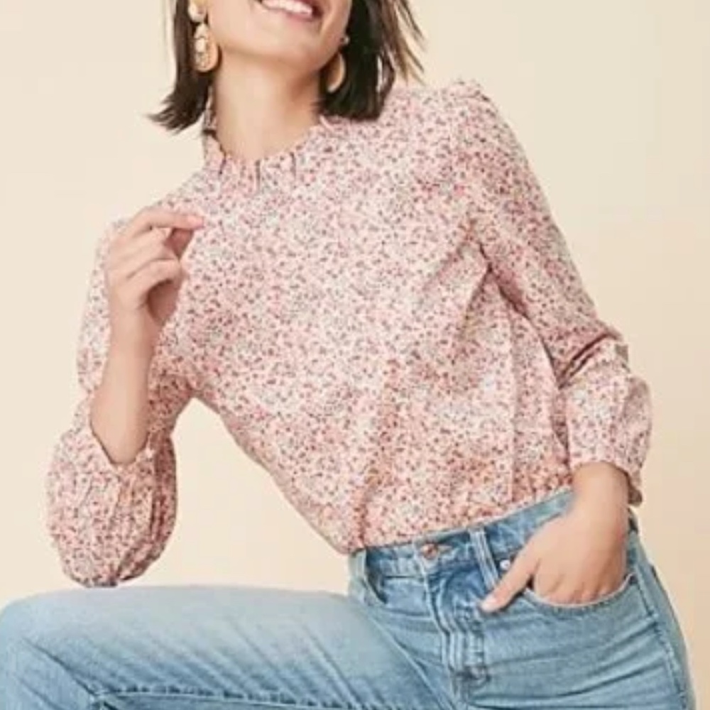 J. Crew x Liberty London Phoebe ditsy floral print ruffle neck top long sleeves